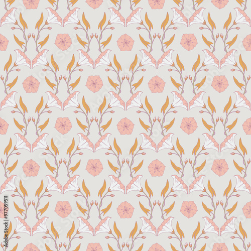 Seamless pattern with convolvulus plant, its flowers, and leaves. Retro template for prints. Grey background. Vector illustration