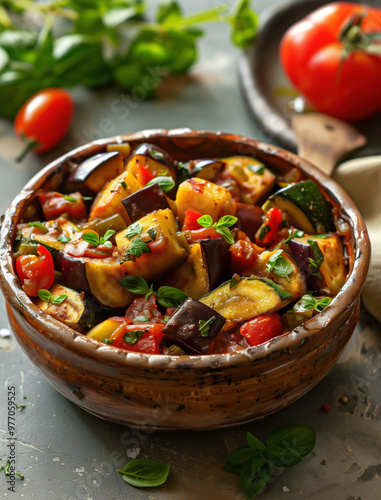 Close up food photo of Spanish Pisto, a traditional vegetable stew with eggplant, zucchini, tomatoes, and peppers