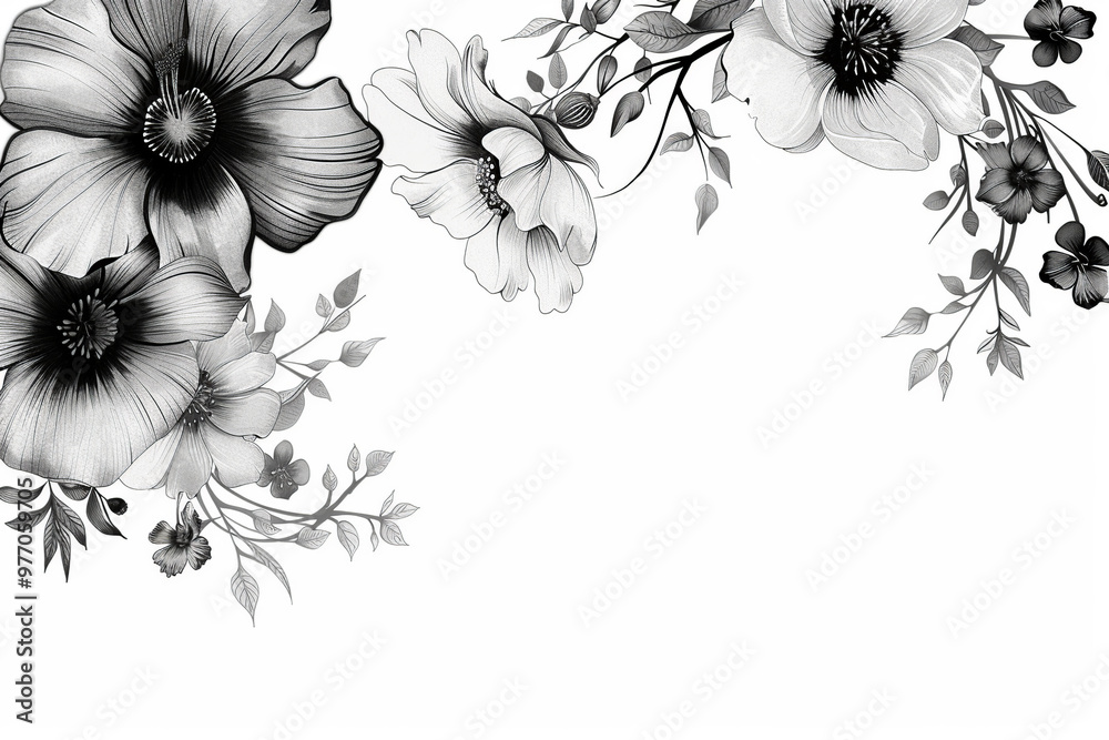 Floral monochrome border design, black and white ornament with leaves and flowers Floral monochrome border design, black and white ornament with leaves and flowers