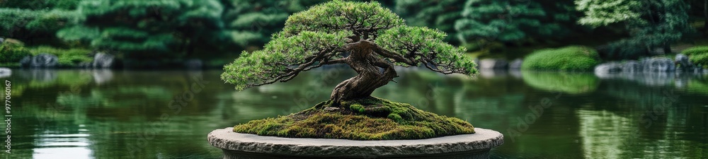 Bonsai Tree in an Ancient Japanese Garden on a Stone Pedestal Next to a Pond Bonsai Tree in an Ancient Japanese Garden on a Stone Pedestal Next to a Pond
