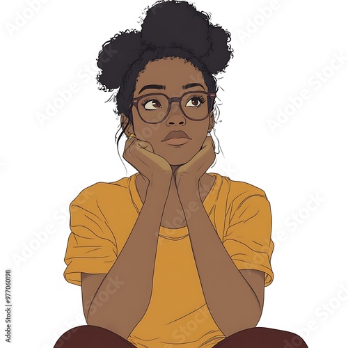 Thoughtful Young Woman with Glasses and a Yellow Shirt. photo