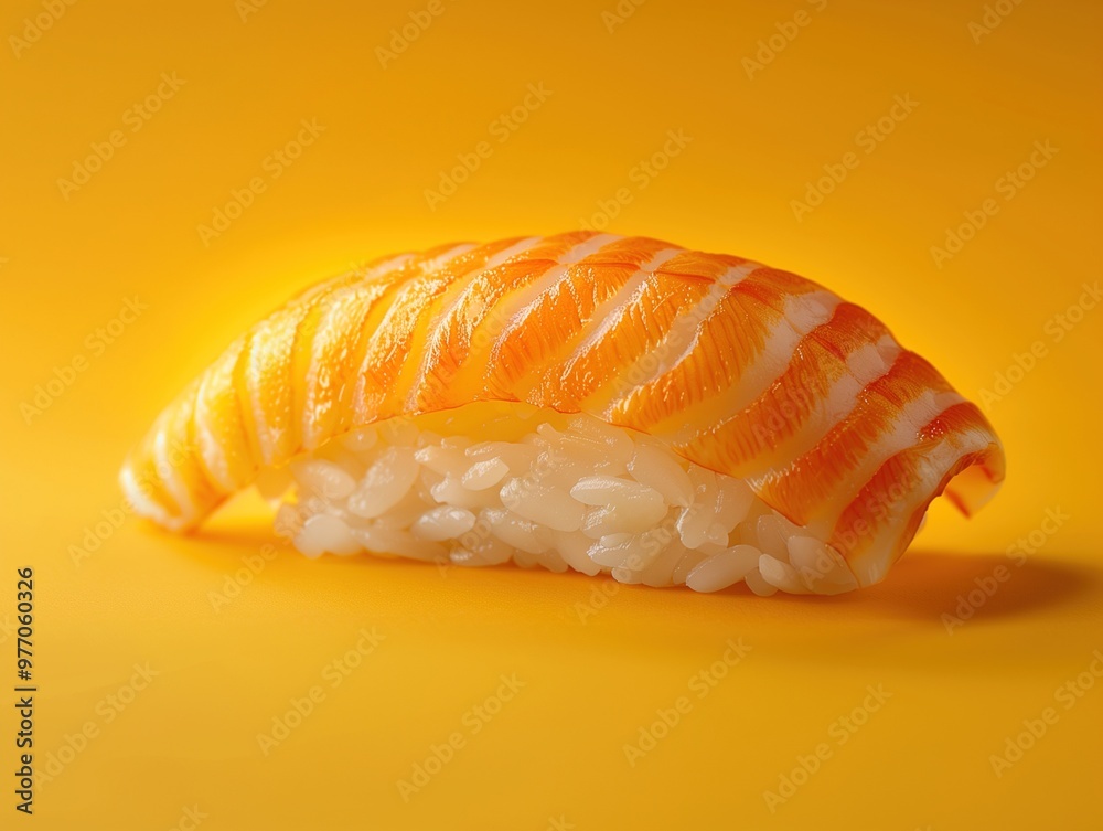 Hirame nigiri, flounder sushi, classic sushi on bold vivid background, minimalistic isolated close up photo Hirame nigiri, flounder sushi, classic sushi on bold vivid background, minimalistic isolated close up photo