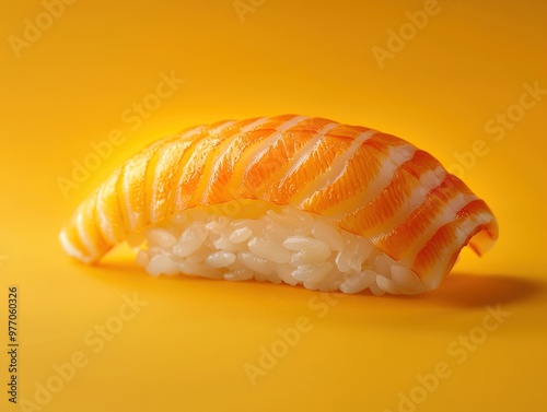 Hirame nigiri, flounder sushi, classic sushi on bold vivid background, minimalistic isolated close up photo