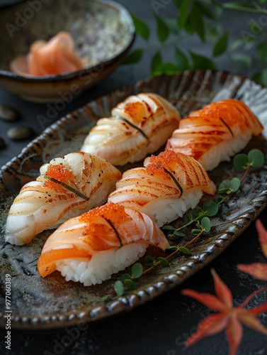 Hokkigai Nigiri, surf clam sushi on rice, classic Nigiri on ceramic plate, close up photo with noble background photo