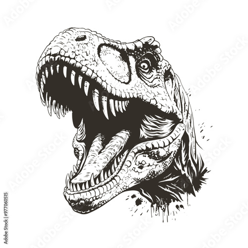 Roaring Dinosaur Head Monochrome Grunge Vector Illustration
