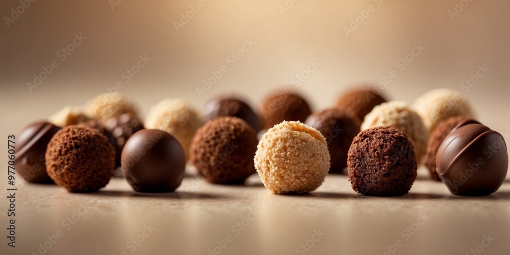 A variety of chocolate truffles on a light beige background on a landscape format. A variety of chocolate truffles on a light beige background on a landscape format.