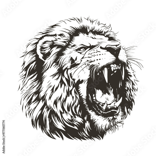 Roaring Lion Head Monochrome Grunge Vector Illustration