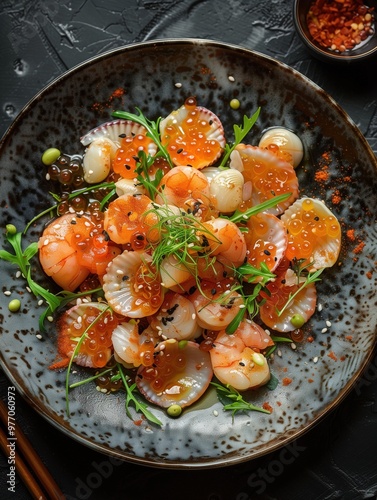 Surf clam sashimi, Hokkigai sushi, classic Japanese sashimi on ceramic plate, close up photo with noble background photo