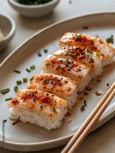 Traditional Japanese surf clam Nigiri, Hokkigai sushi on rice, close up photo with light background photo