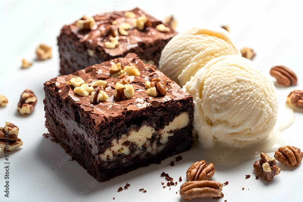 Decadent chocolate brownies served with vanilla ice cream and nuts Decadent chocolate brownies served with vanilla ice cream and nuts