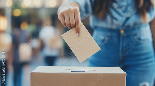 Close-up of a hand dropping a ballot into a voting box, voting, civic participation