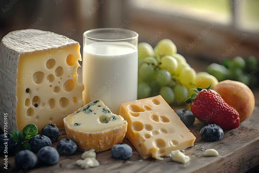 Variety of cheese, milk, and fresh fruit on wooden table near window Variety of cheese, milk, and fresh fruit on wooden table near window