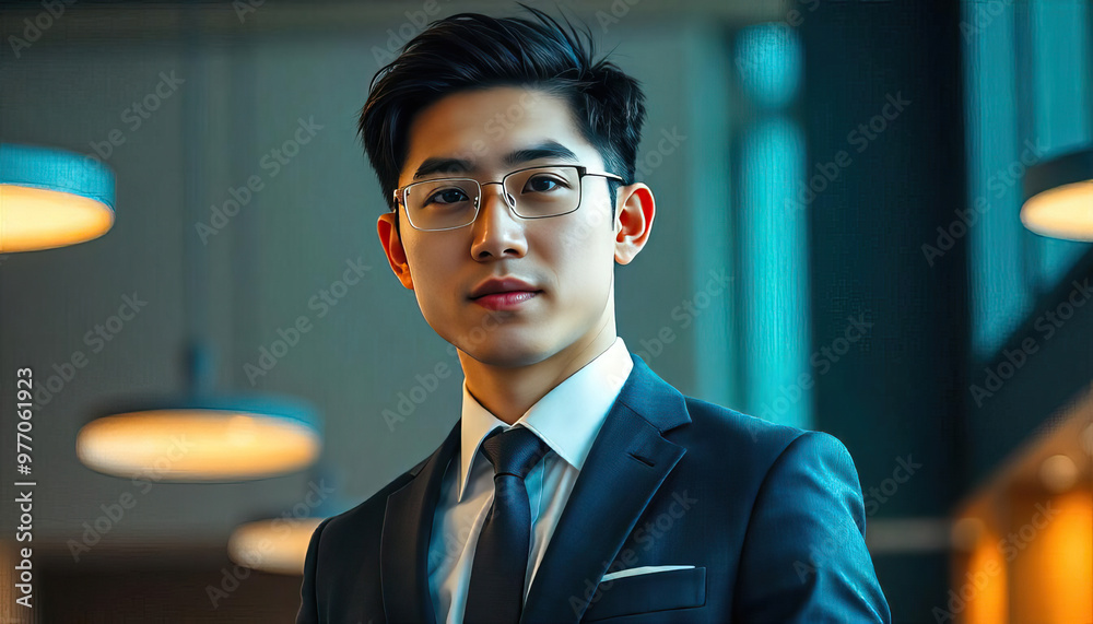 young asian koren professional man in suit standing indoors with modern lighting and blurred background young asian koren professional man in suit standing indoors with modern lighting and blurred background