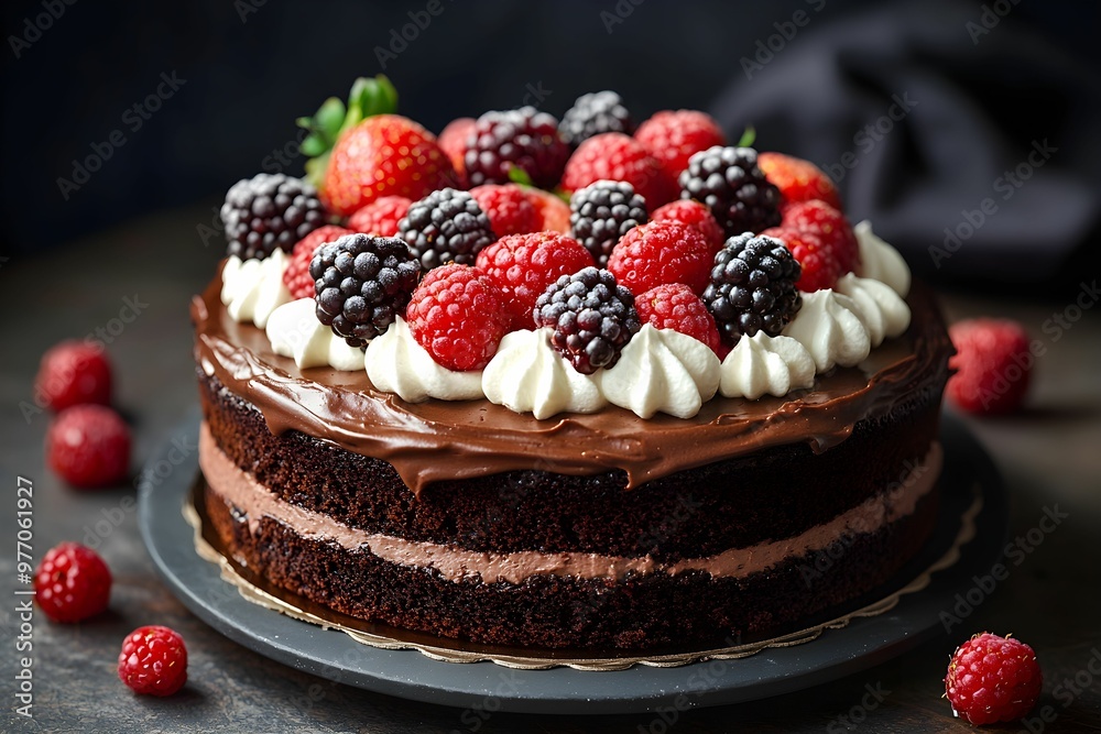 Delicious chocolate cake topped with fresh berries on a dark table Delicious chocolate cake topped with fresh berries on a dark table