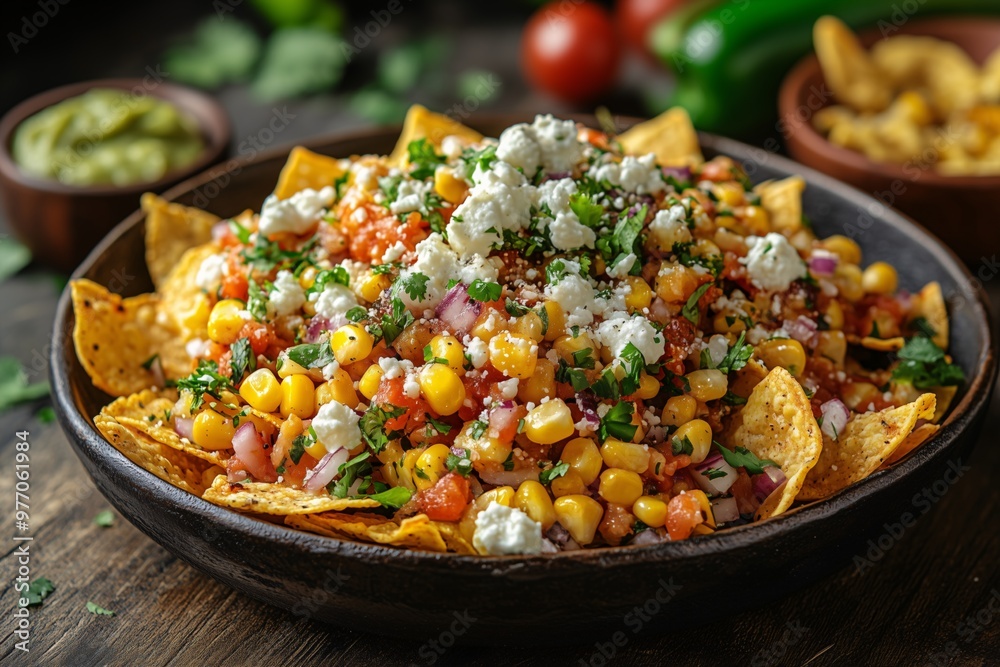 Mexican Corn Salad, vibrant and fresh dish featuring sweet corn, tomatoes, avocado, red onion, cilantro, lime juice, and crumbled cheese, food photography Mexican Corn Salad, vibrant and fresh dish featuring sweet corn, tomatoes, avocado, red onion, cilantro, lime juice, and crumbled cheese, food photography