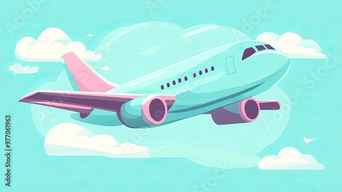 Cute cartoon airplane with light blue body and pink wingtips. It's flying in the sky from the side. The illustration represents travel or toy plane concept.