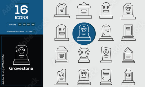 Grave stone set of outline icons related to analysis, infographic, analytics. Editable stroke. Vector illustration.