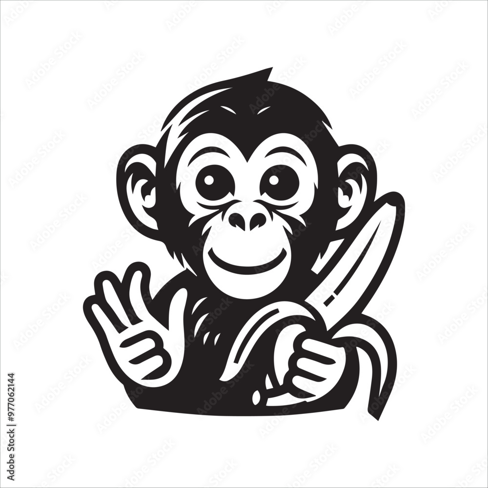 A monkey holds a banana vector illustration silhouette A monkey holds a banana vector illustration silhouette