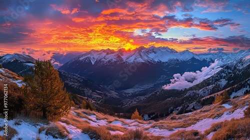 Majestic Mountain Range with Snow-Capped Peaks and Fiery Sunset Sky photo