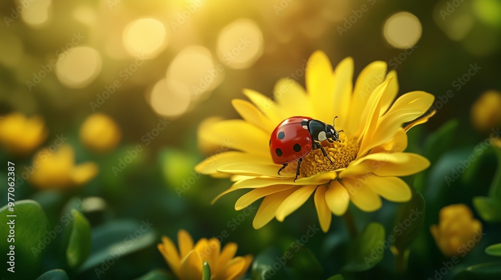A ladybug rests on a bright yellow flower, celebrating nature's delicate beauty in the sunlight. A ladybug rests on a bright yellow flower, celebrating nature's delicate beauty in the sunlight.