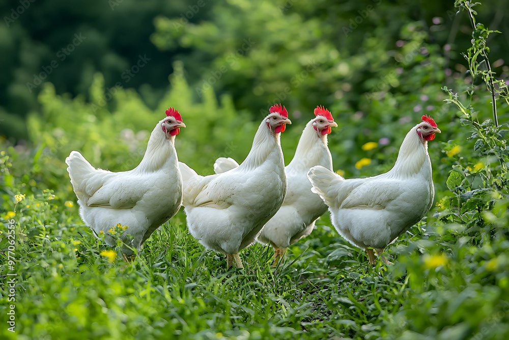 Four white chickens foraging in a lush green field during summer Four white chickens foraging in a lush green field during summer