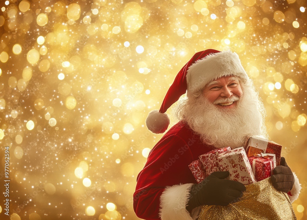 Santa Claus with a golden bag and glittery background is ideal for holiday campaigns, promoting Christmas gifts, sales, and seasonal offers. Santa Claus with a golden bag and glittery background is ideal for holiday campaigns, promoting Christmas gifts, sales, and seasonal offers.