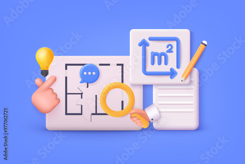 Architectural design. House plan. Idea for floor plan. 3D Web Vector Illustrations.