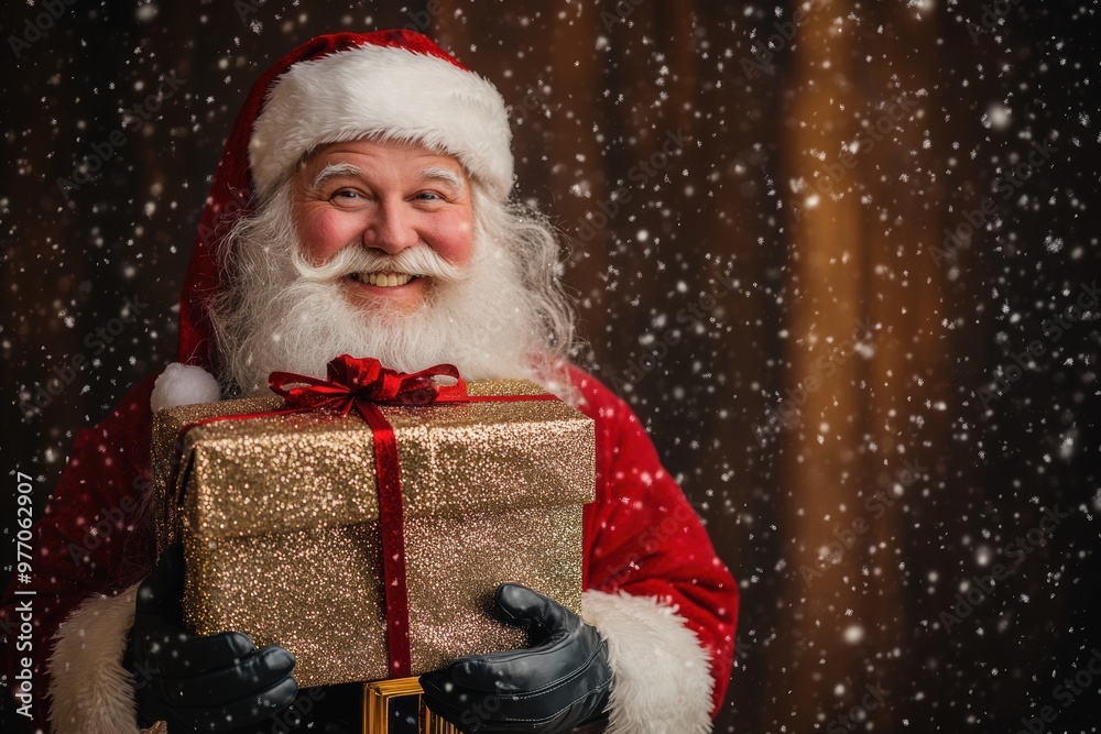 Santa Claus with a golden bag and glittery background is ideal for holiday campaigns, promoting Christmas gifts, sales, and seasonal offers. Santa Claus with a golden bag and glittery background is ideal for holiday campaigns, promoting Christmas gifts, sales, and seasonal offers.