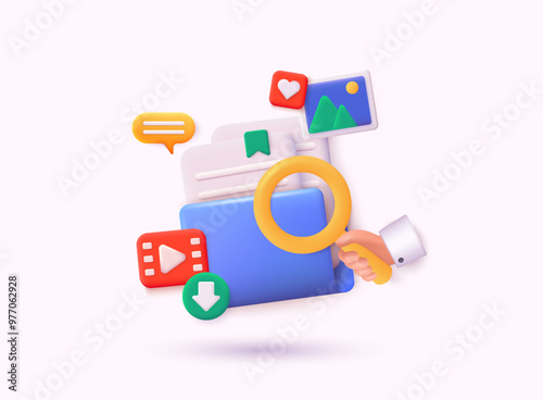 Folder with magnifying glass and files.  Searching image and video files in database. 3D Web Vector Illustrations.