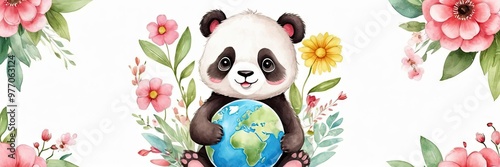 Adorable baby panda next to a globe and flowers on white, great for study and school-themed designs like banners, posters. photo