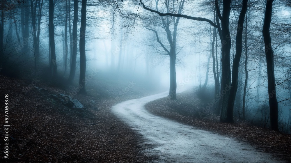 Gloomy forest path, shrouded in fog, evokes an eerie Halloween night.