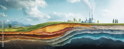 Cross-section illustration of carbon capture and storage processes, layers of earth, underground CO2 storage, corporate environmental strategy