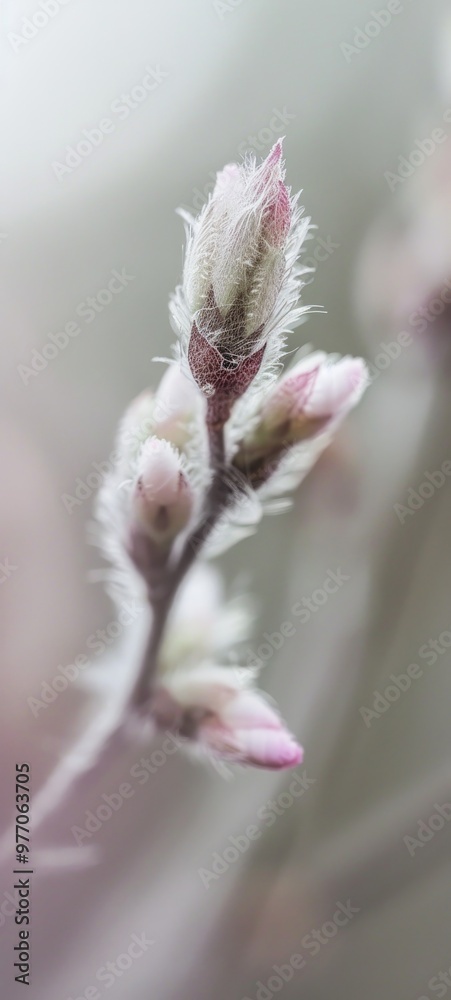 Close-Up of Delicate Pink Flower Buds Against a Soft Blue Background Close-Up of Delicate Pink Flower Buds Against a Soft Blue Background