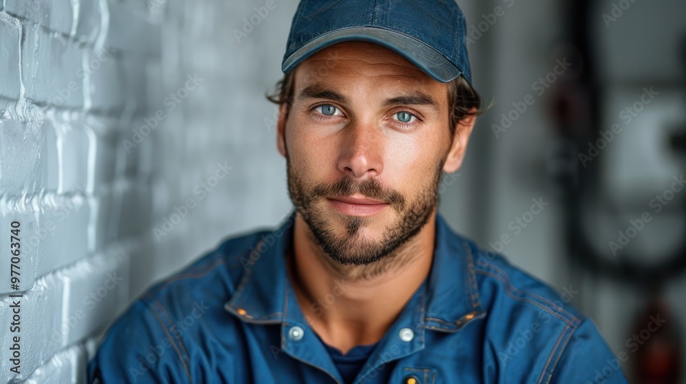 A focused craftsman with striking blue eyes, sitting against a textured gray wall during daylight hours. Generative AI A focused craftsman with striking blue eyes, sitting against a textured gray wall during daylight hours. Generative AI