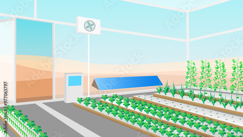 Flat design illustration of greenhouse farming with a raised bed system, equipped with a control panel, set against a background of solar panels and desert