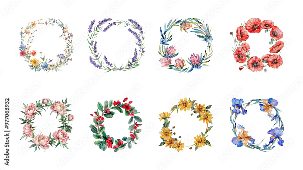 PNG watercolor flower frame element set, transparent background PNG watercolor flower frame element set, transparent background