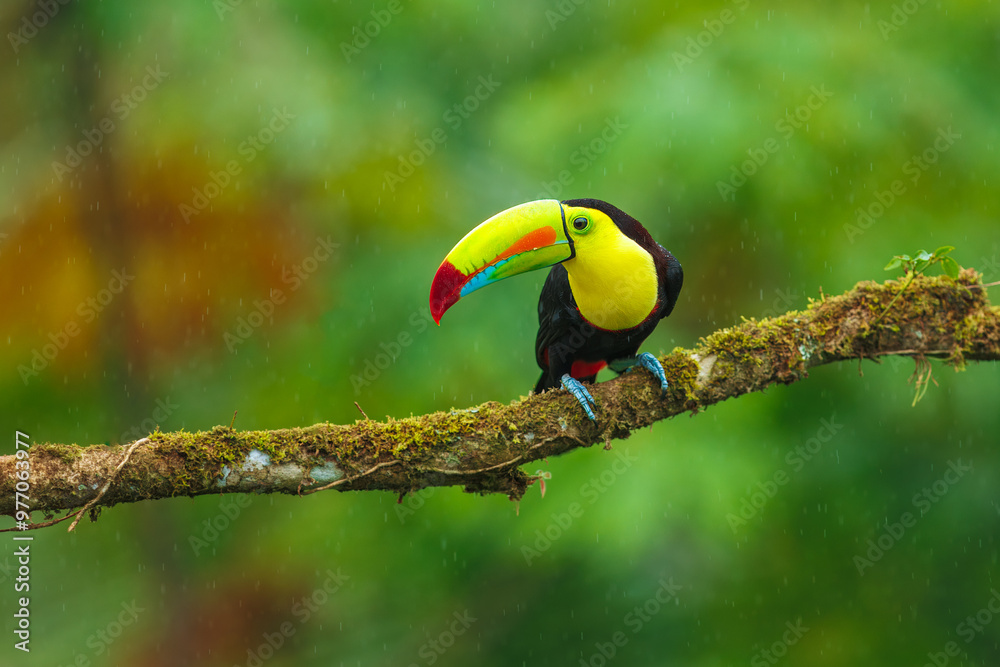 Obraz premium Keel-billed toucan (Ramphastos sulfuratus), also known as sulfur-breasted toucan or rainbow-billed toucan, is a colorful Latin American member of the toucan family. 4K resolution