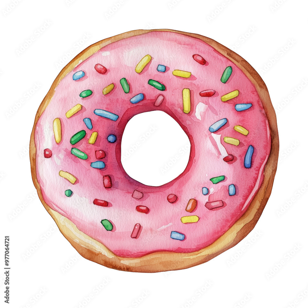 Colorful pink frosted donut with sprinkles on a black background Colorful pink frosted donut with sprinkles on a black background