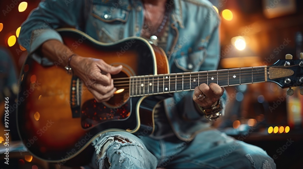 Fototapeta premium A musician passionately plays acoustic guitar on a dimly lit stage surrounded by vibrant lights. Generative AI