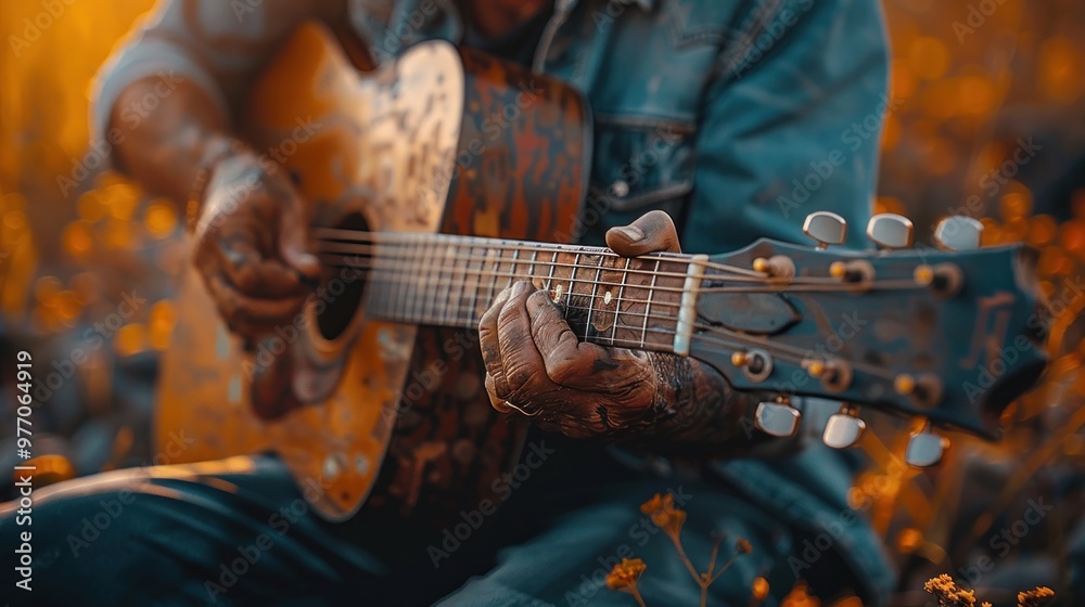Fototapeta premium A musician passionately strums an acoustic guitar amidst a vibrant sunset in a blooming meadow. Generative AI