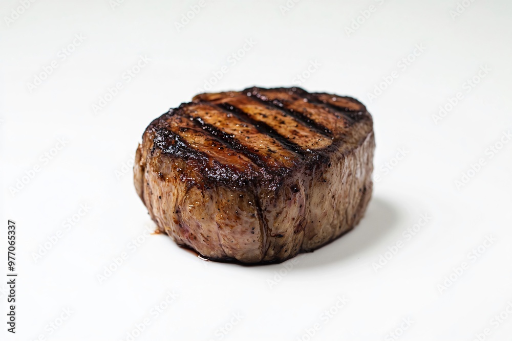 Succulent grilled fillet steak showcased on a clean white backdrop, bursting with flavor and moisture, perfect for culinary projects Succulent grilled fillet steak showcased on a clean white backdrop, bursting with flavor and moisture, perfect for culinary projects