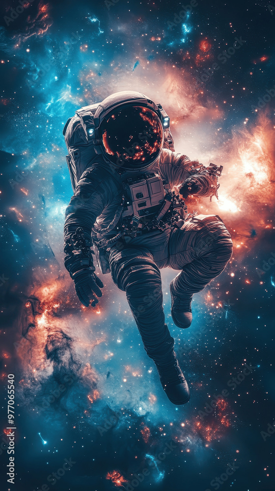 Astronaut floating through vibrant nebula with swirling cosmic colors in deep space