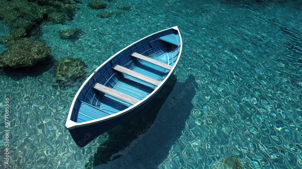 Obraz premium A peaceful scene featuring a blue boat floating serenely on crystal clear water, surrounded by vibrant underwater life.