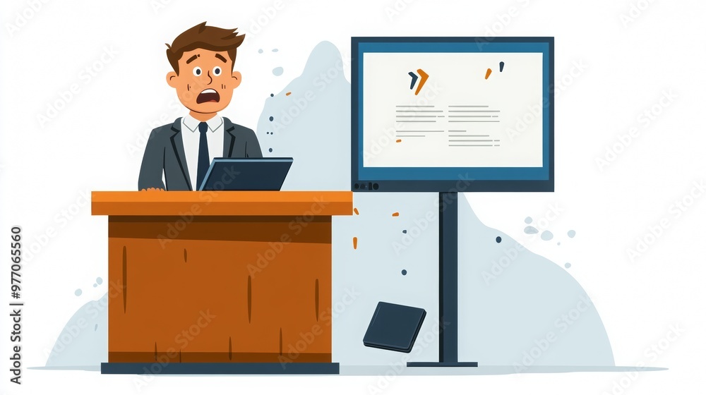 a nervous guy at a podium with a large TV screen with a presentation showing on the TV screen. a nervous guy at a podium with a large TV screen with a presentation showing on the TV screen.