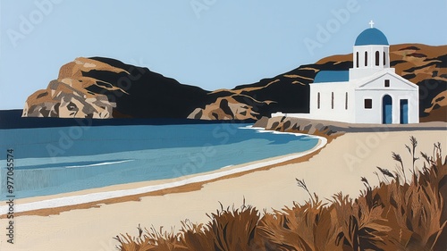 A serene beach scene featuring a traditional white church and blue dome, surrounded by tranquil waters and rocky hills. photo