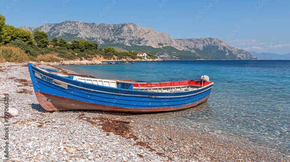 A serene coastal scene featuring a blue fishing boat resting on a pebbly beach with picturesque mountains in the background. A serene coastal scene featuring a blue fishing boat resting on a pebbly beach with picturesque mountains in the background.