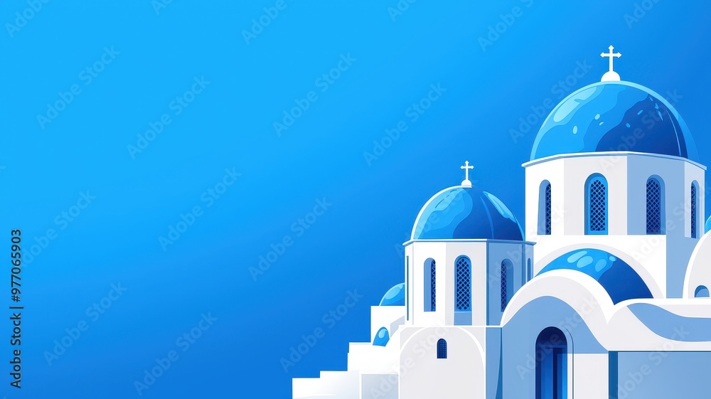 A serene view of white architecture with blue domes against a bright blue sky, capturing the beauty of coastal buildings. A serene view of white architecture with blue domes against a bright blue sky, capturing the beauty of coastal buildings.