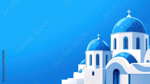 A serene view of white architecture with blue domes against a bright blue sky, capturing the beauty of coastal buildings. photo