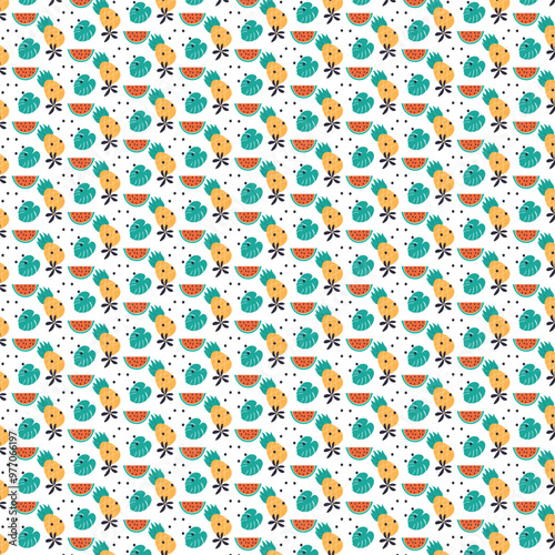 Pattern, summer, beach, watermelon, pineapple, leaf, tropical leaf, flower, seed, pattern, clothing