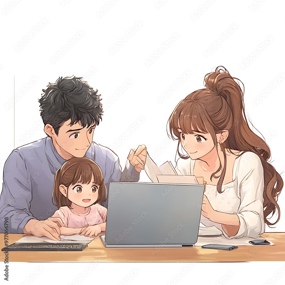 Family Working From Home with Laptop and Documents. Family Working From Home with Laptop and Documents.